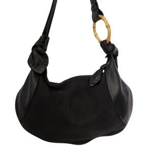 Lancel Paris Hobo Black Leather Canvas Bamboo Ring Shoulder Medium Purse Bag